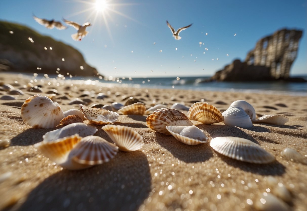 Sandy shore with scattered seashells, waves gently rolling in, seagulls soaring overhead, and a clear blue sky above