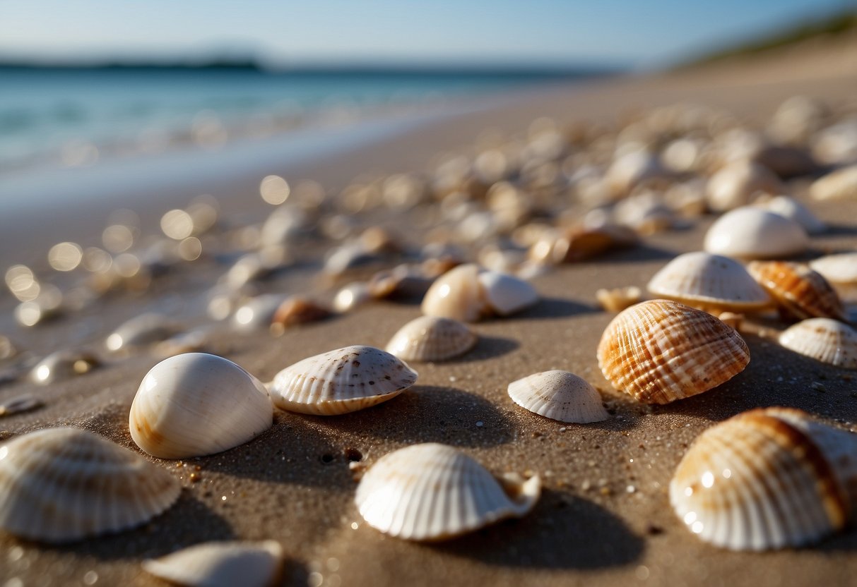 Sandy shoreline with scattered shells, gentle waves, and distant horizon