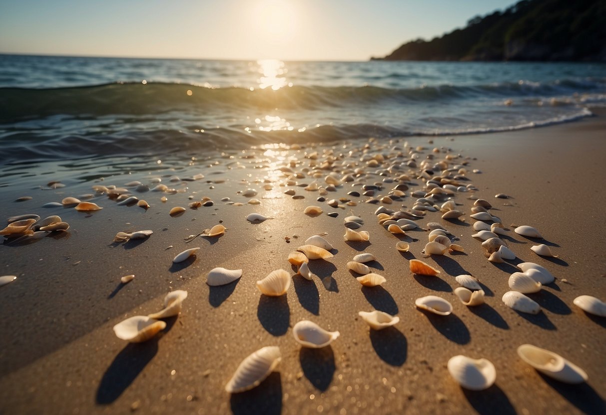 Sandy beach with scattered shells, gentle waves, and a distant shoreline. Sunlight glimmers on the water, creating a serene and peaceful atmosphere