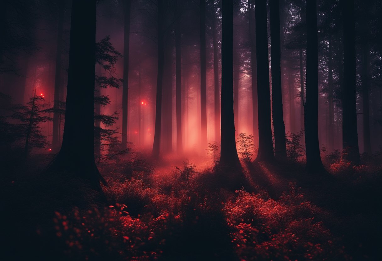 A dark, eerie forest at night with glowing red eyes peering out from the shadows, surrounded by the silhouette of mysterious creatures