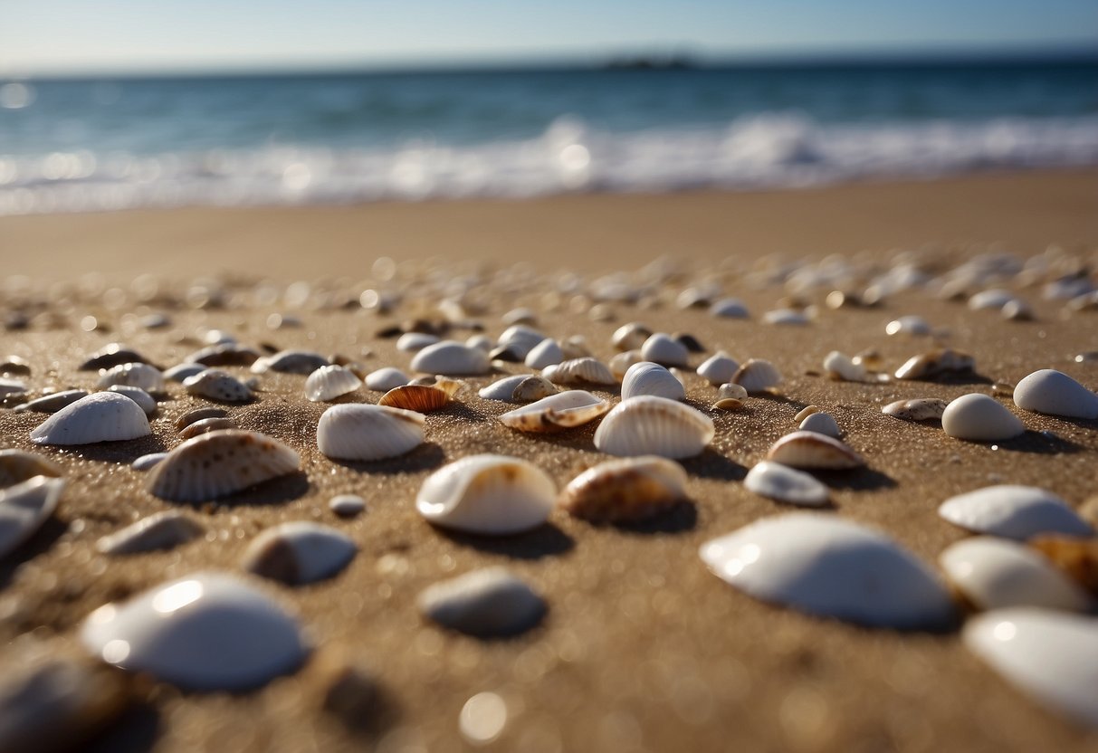 Sandy shorelines with scattered shells, waves gently rolling in, rocky outcrops in the distance, and seagulls flying overhead