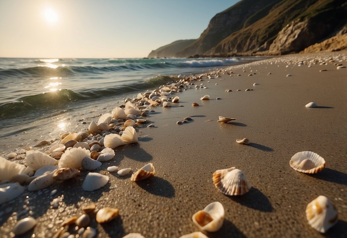 Sandy shore with scattered shells, waves gently lapping, distant cliffs, and seagulls flying overhead