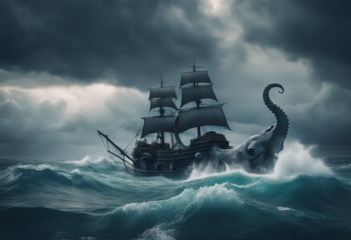 A giant Kraken emerges from the depths, surrounded by swirling waters and ominous storm clouds