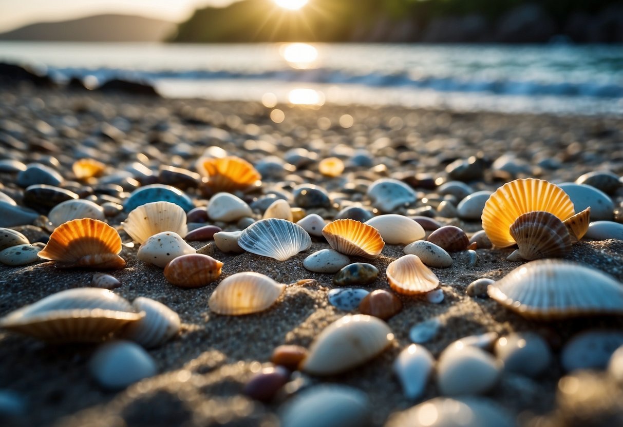 Sandy shorelines scattered with colorful shells, waves gently washing up, surrounded by rocky cliffs and lush greenery