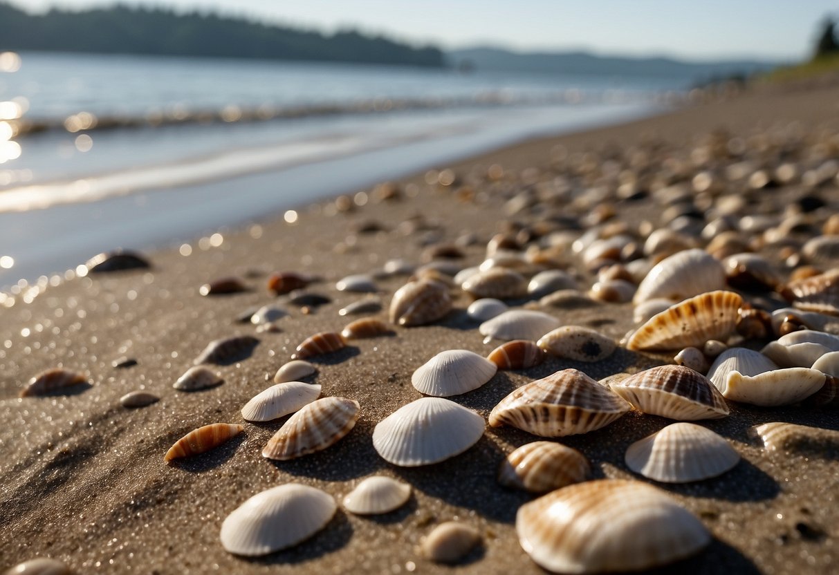 Sandy shoreline with scattered seashells, calm waves, and distant forested hills at Birch Bay State Park, Washington