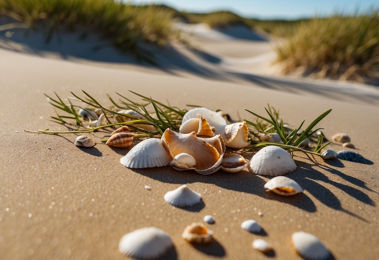 Sandy shoreline with scattered shells, gentle waves, and a backdrop of dunes and grassy dunes