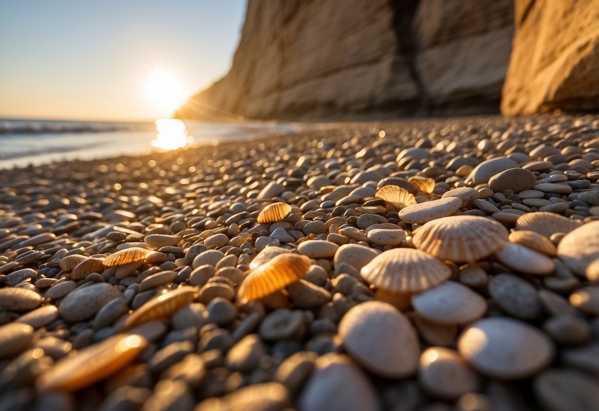 Ironton Sandstone Bluffs rise above the sandy beaches, scattered with shells. The sun casts a warm glow on the rugged cliffs