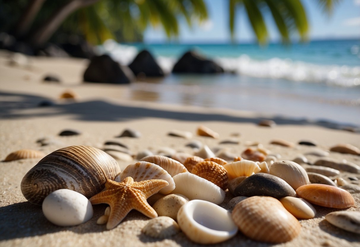 Sandy shores lined with colorful shells, crystal clear waters, and palm trees swaying in the gentle breeze. A serene and picturesque beach scene in American Samoa, perfect for shelling enthusiasts