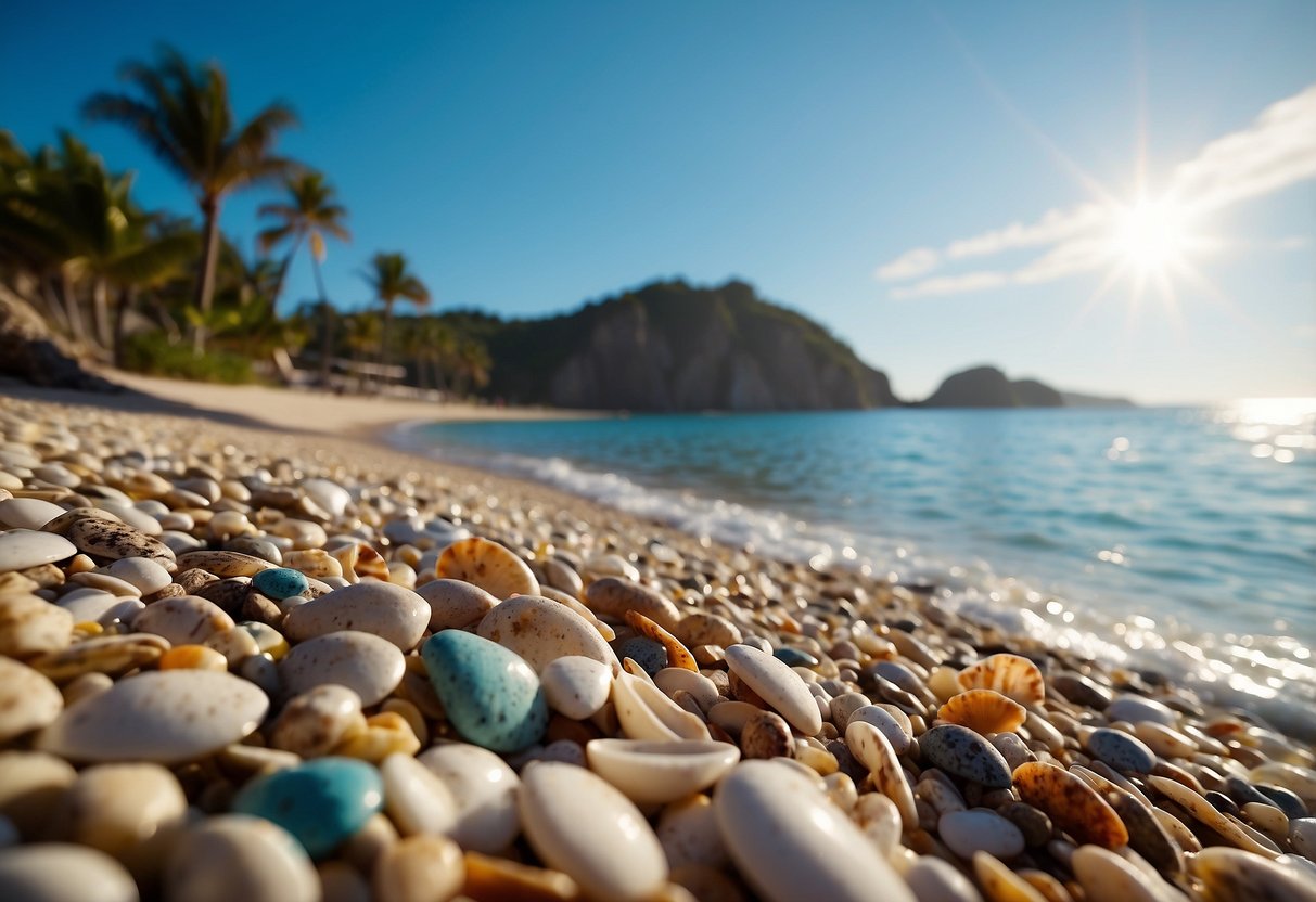 Sandy shores lined with colorful shells, crystal-clear waters, and palm trees swaying in the gentle breeze. Rocky cliffs in the distance