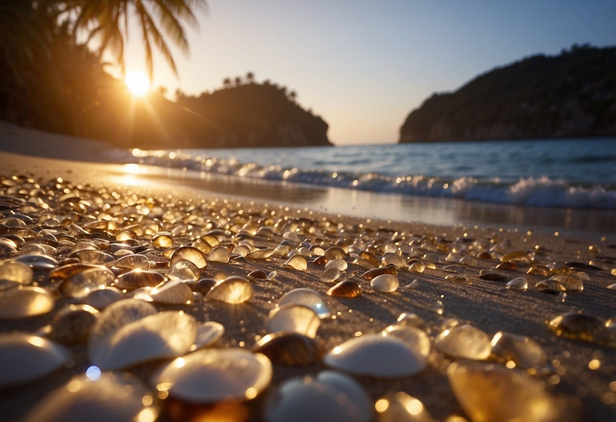 Sunset at Gab Gab Beach, waves gently washing over shells scattered on the shore, palm trees swaying in the breeze