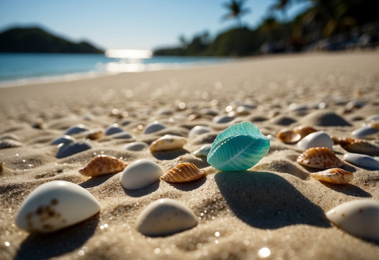 Sandy shores with scattered shells, turquoise waters, and lush greenery in the background