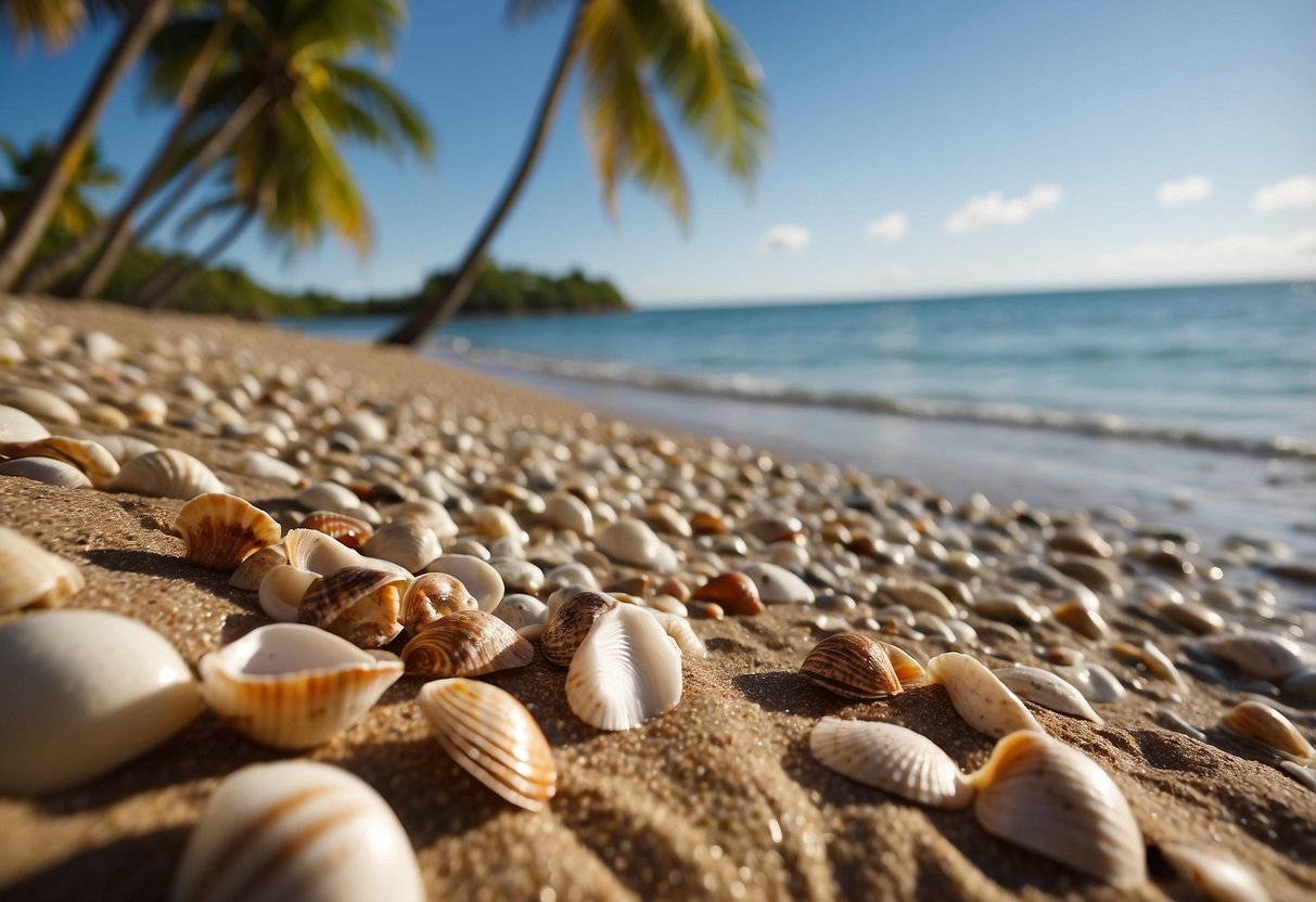 Sandy shore with scattered shells and gentle waves in Puerto Rico. Palm trees and clear blue sky in the background