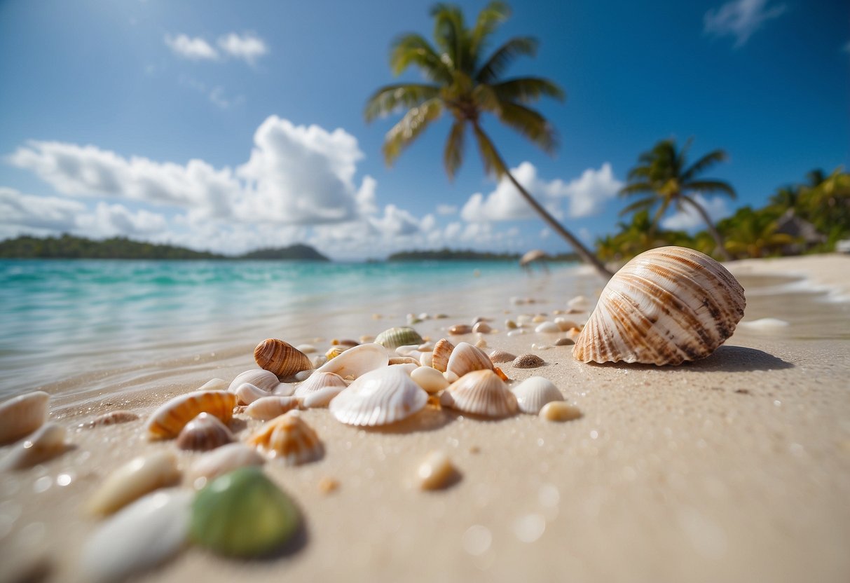 Crystal clear waters lap gently against the powdery white sand of Playa Flamenco. Colorful seashells scatter the shore, while lush green palm trees sway in the breeze