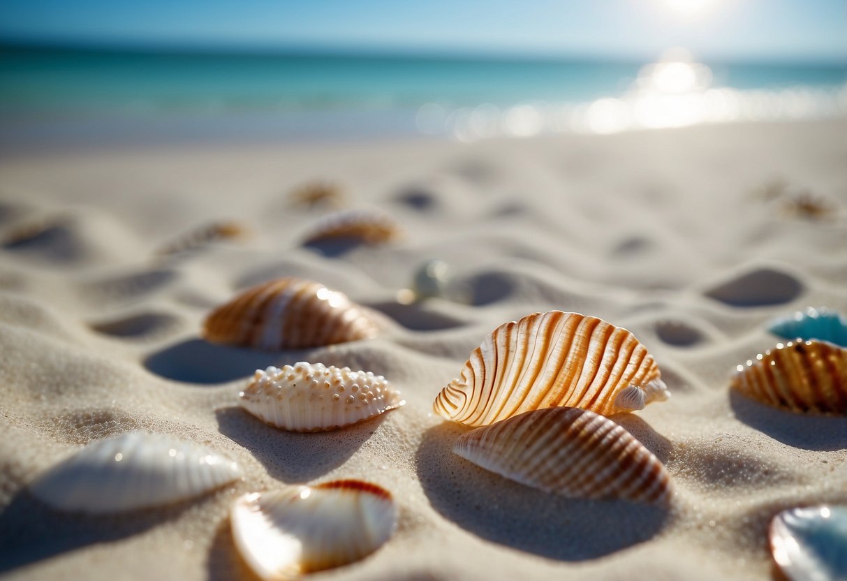 Crystal clear waters lap gently against the powdery white sand, scattered with an array of colorful seashells glistening in the sunlight