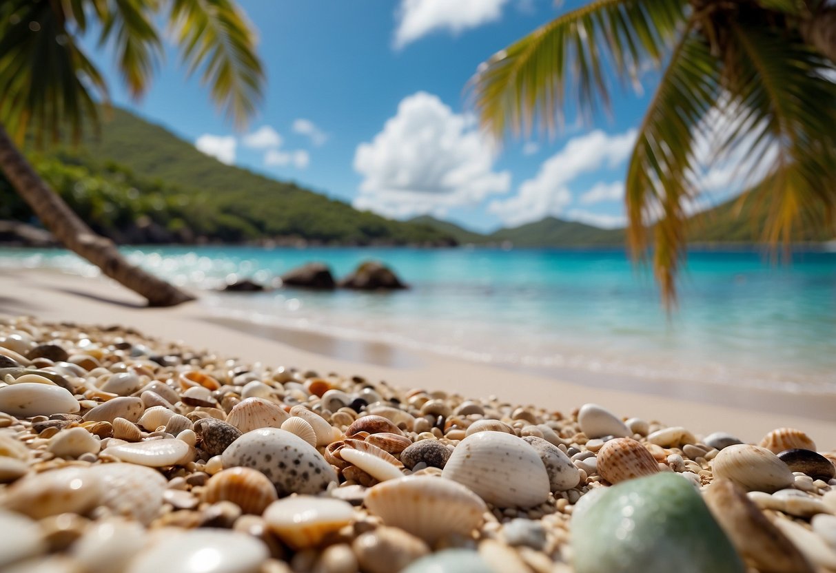 Sandy shore with scattered shells, crystal blue waters, palm trees, and distant hills at Lindquist Beach, St. Thomas