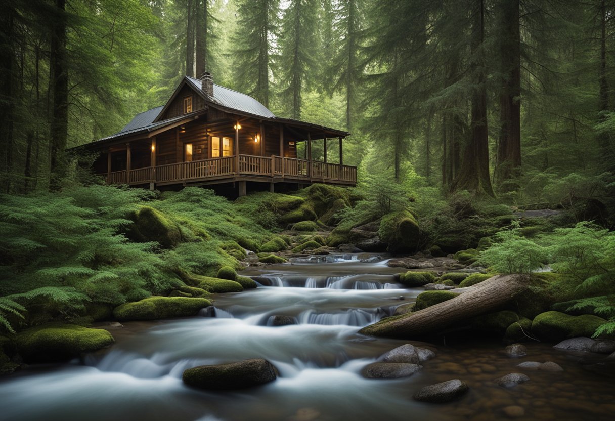 Lush forest with diverse wildlife, a tranquil creek, and a rustic cabin nestled in the trees. Bigfoot sightings sign and community engagement posters displayed