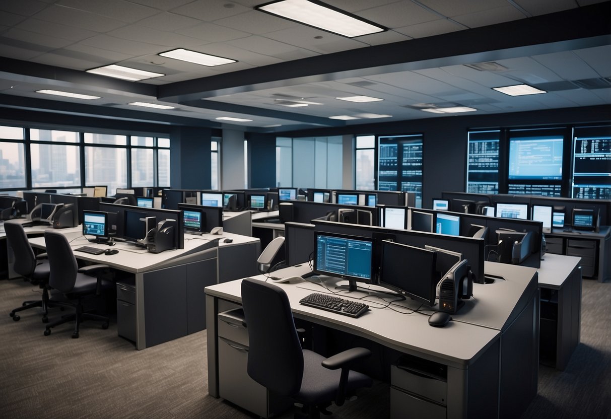 Call center desks with AI systems managing calls, data screens, and automated processes