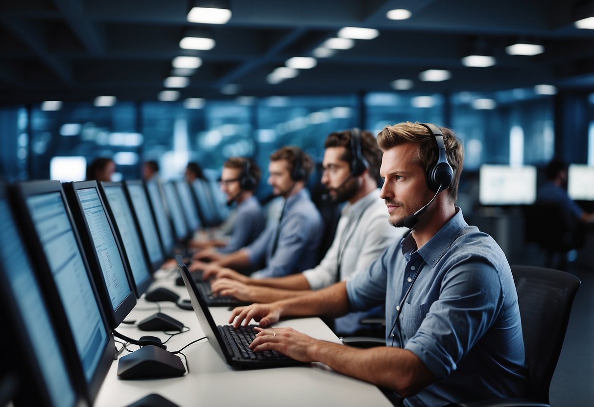 A busy call center with AI-powered workforce management software in action, coordinating schedules and tasks seamlessly