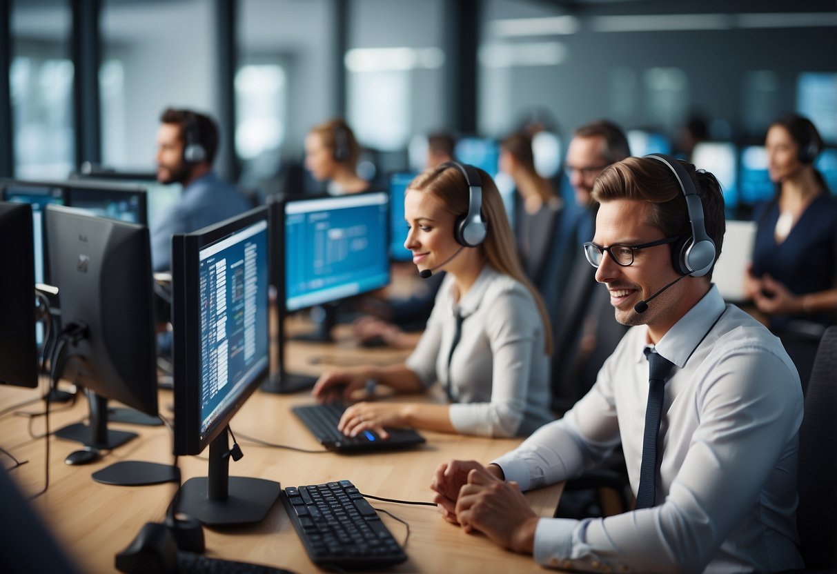 A call center with AI-powered workforce management tools in action, optimizing schedules and tasks seamlessly