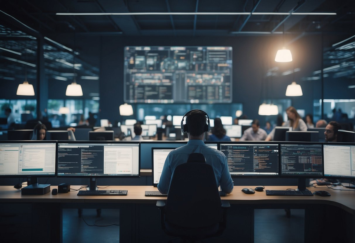 The scene depicts a call center with AI automation tools like Talkdesk Workforce Management, showcasing the future of workforce management in a modern and efficient setting