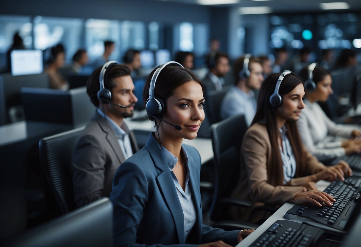 A bustling call center with AI automation streamlining operations and enhancing workforce management. The futuristic technology seamlessly integrates with the daily workflow, increasing efficiency and productivity