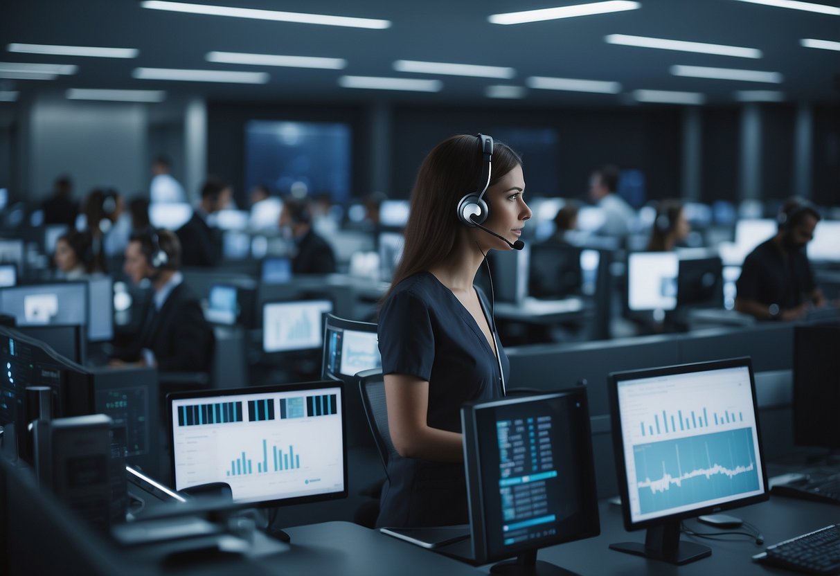 A bustling call center with AI automation, agents working alongside machines, screens displaying data, and a futuristic atmosphere