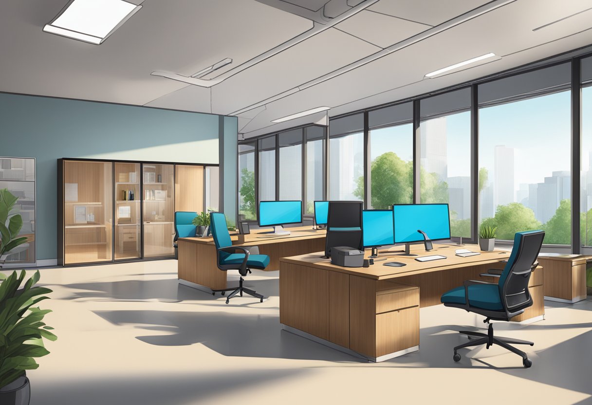 The scene depicts a modern office space with sleek furniture and large windows. A sign on the wall reads "Bambu Lab Lawsuit" in bold letters