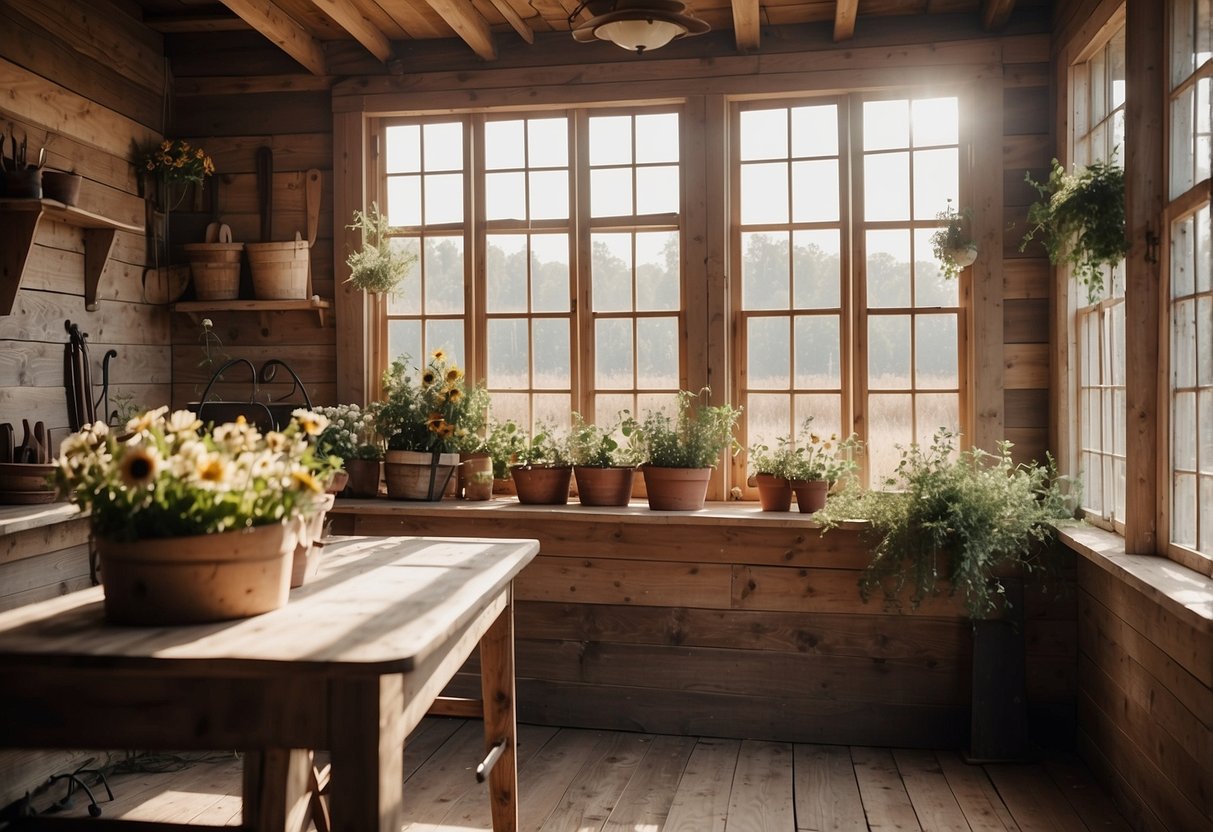 Rustic farmhouse with white shiplap walls, adorned with vintage signs, floral wreaths, and antique farm tools. Sunlight streams through lace curtains