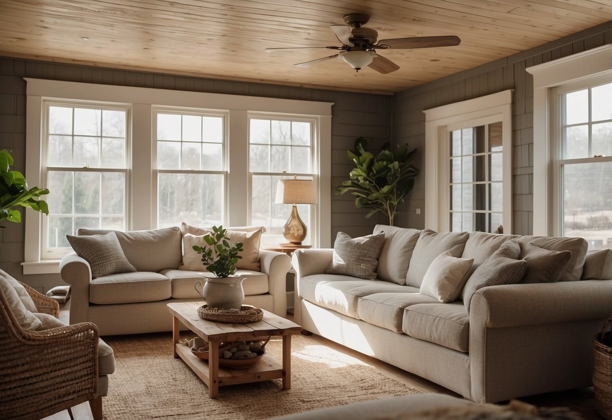 A cozy living room with horizontal shiplap walls, adorned with farmhouse decor and natural light streaming in through the windows