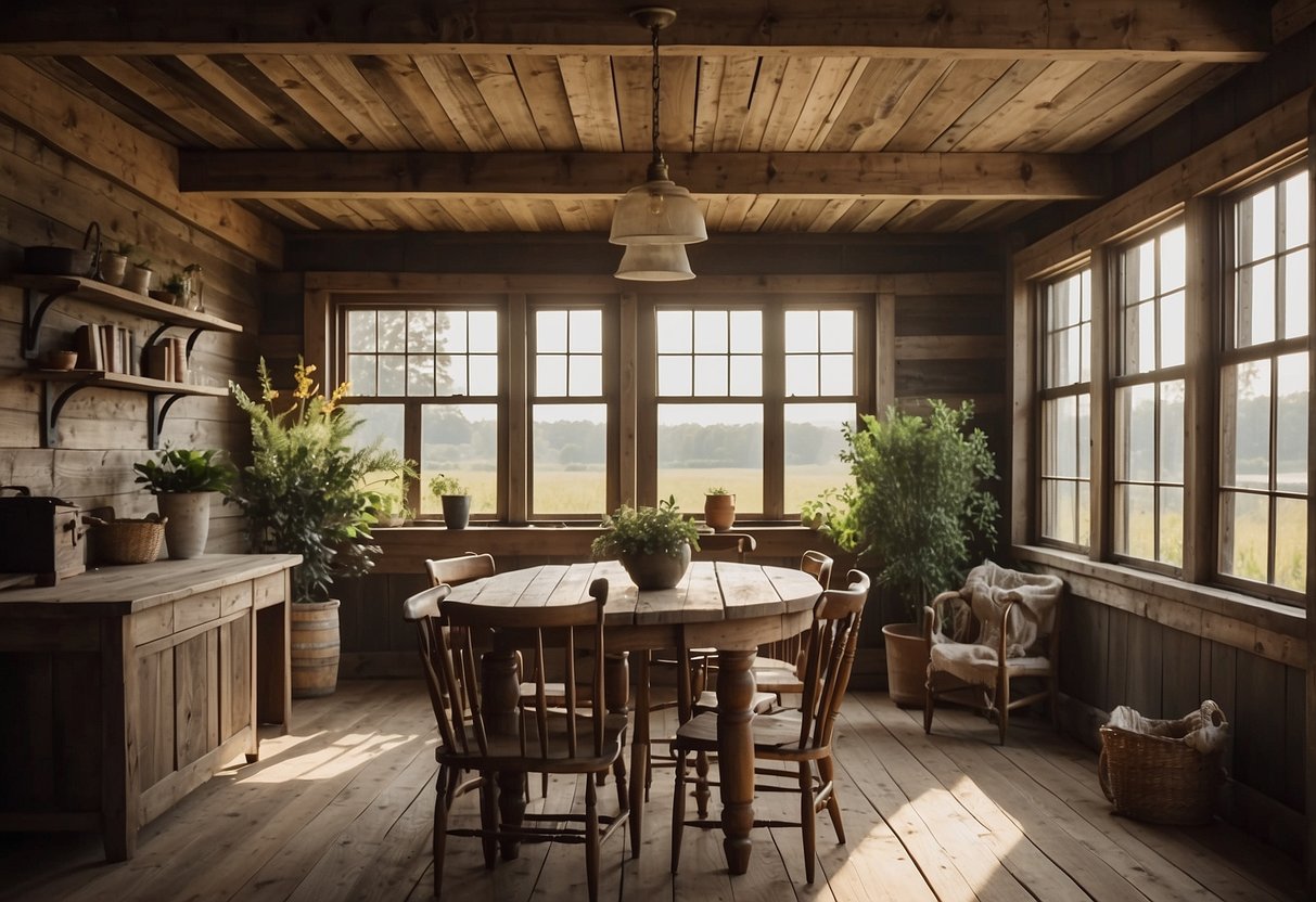 Rustic farmhouse interior with distressed shiplap walls, vintage decor, and natural light streaming in through the windows