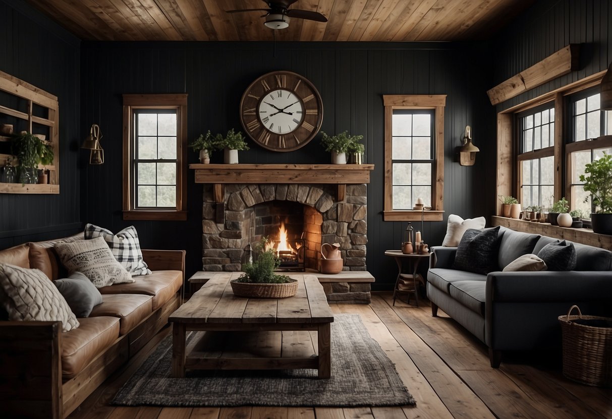 A rustic farmhouse interior with black painted shiplap walls, adorned with vintage decor and natural wood accents