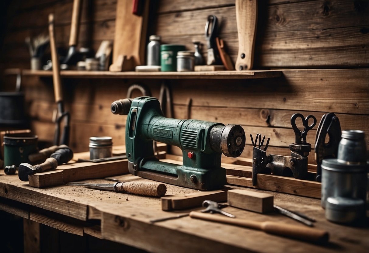 A workbench with saw, hammer, nails, and level. Shiplap boards stacked against the wall. Paint cans and brushes. Decorative farmhouse wall art