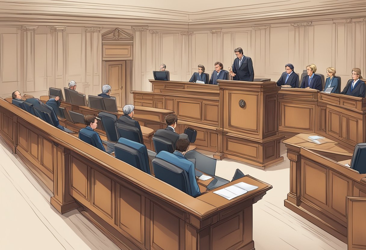 A courtroom with a judge's bench, witness stand, and gallery seating. Lawyers presenting evidence and arguing their case. A court reporter taking notes