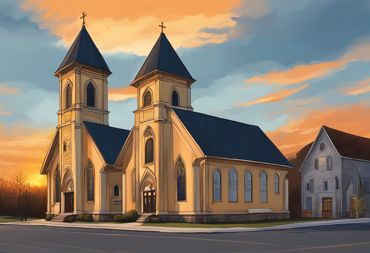The sun sets behind the historic churches of Tecumseh, MI, casting a warm glow on their weathered facades and towering spires