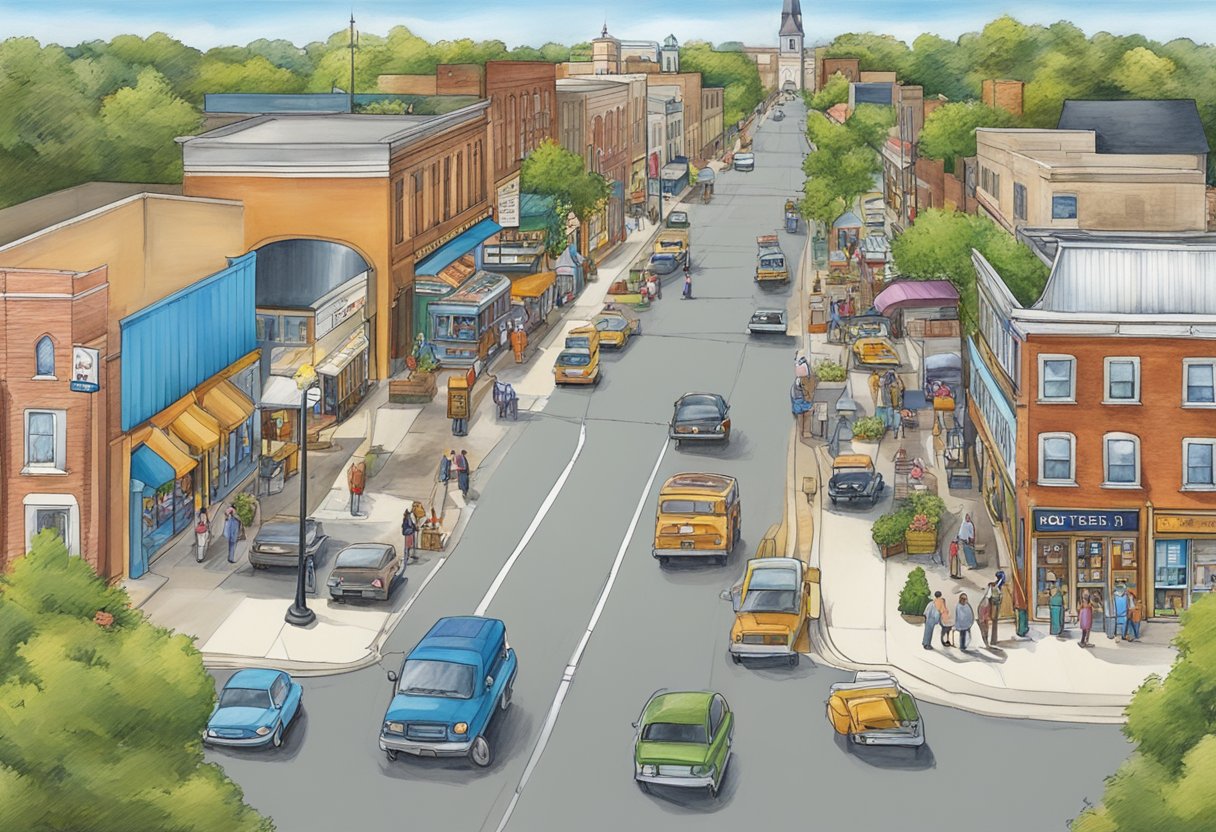 A bustling street in Tecumseh, MI, with churches and community programs and services, bustling with activity and people