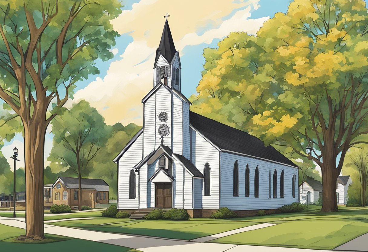 A church with a sign reading "Frequently Asked Questions" in Tecumseh, MI. Surrounding buildings and trees in the background