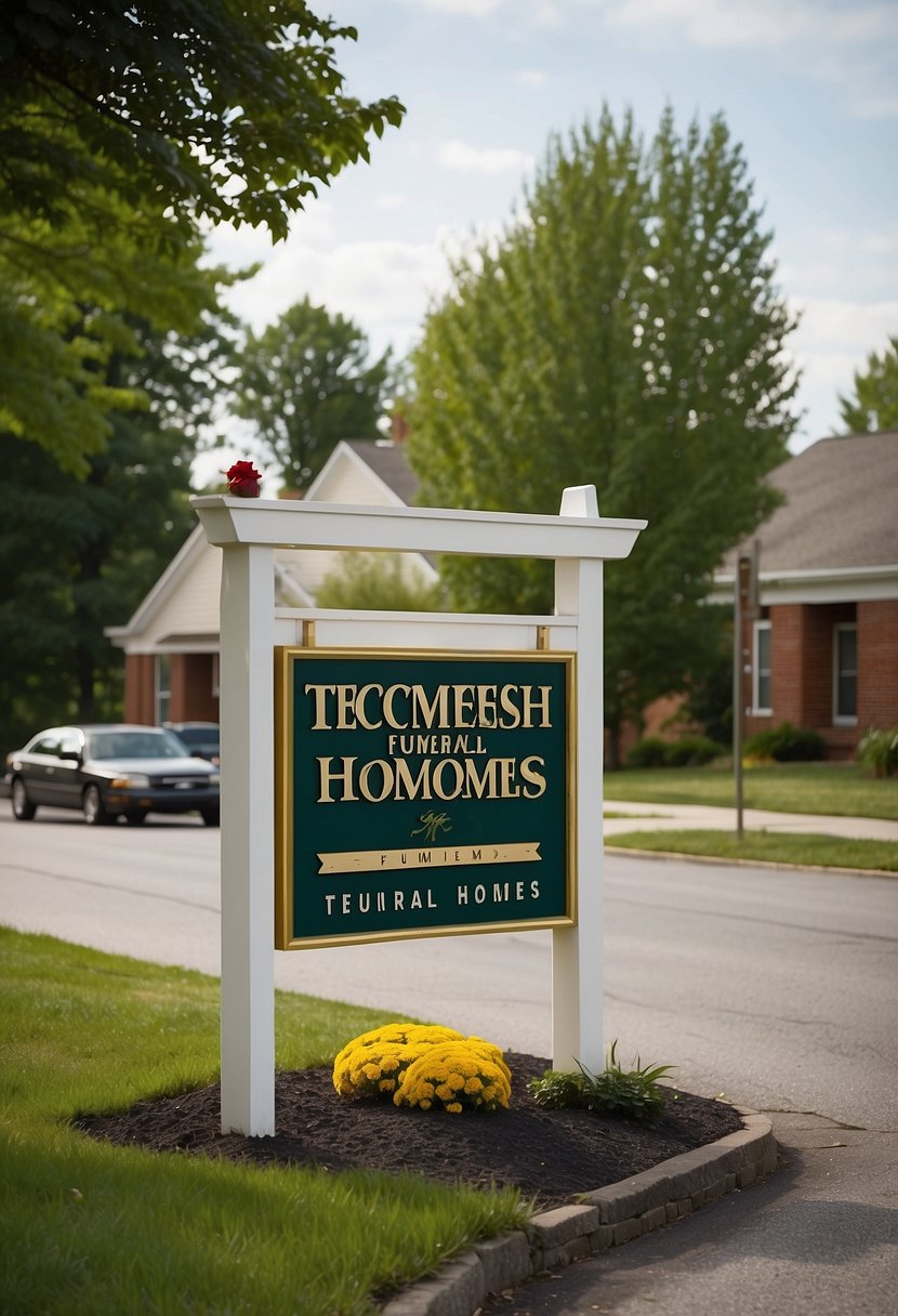 A funeral home exterior with a sign reading "Tecumseh Funeral Homes" and a driveway leading to the entrance. Surrounding landscape includes trees and a parking lot