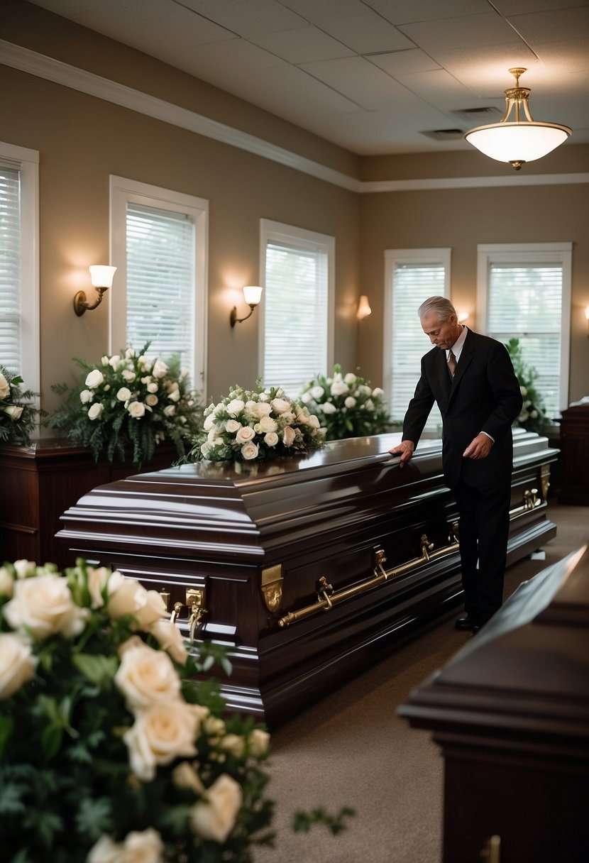 Funeral directors arranging caskets and floral arrangements in a peaceful, dimly lit funeral home in Tecumseh, Michigan