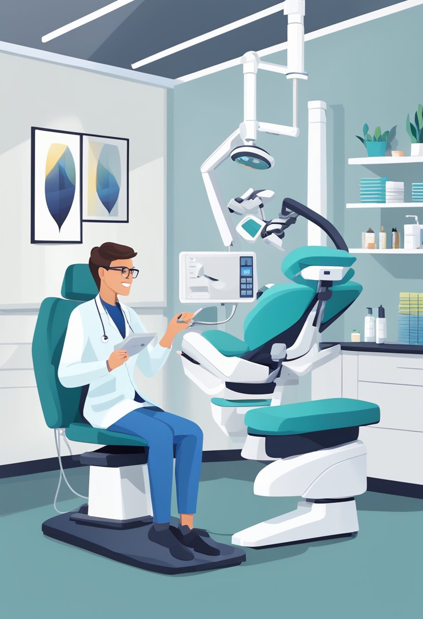 A patient sits in a modern dental office, surrounded by state-of-the-art equipment. The dentist, wearing a white coat, consults with the patient, offering a comforting and professional demeanor