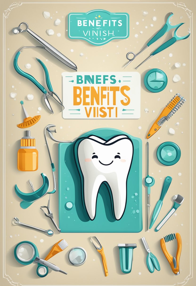 A smiling tooth with a sparkling clean surface, surrounded by a dentist's tools and equipment. The tooth is framed by a sign that reads "Benefits of Regular Dental Visits."