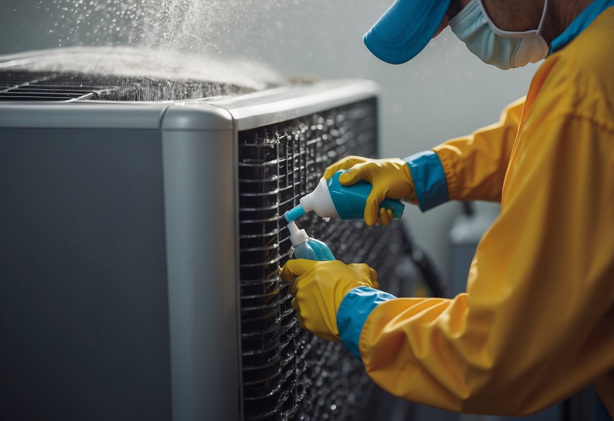 A technician sprays a foaming coil cleaner onto the AC coils, then uses a brush to scrub away dirt and debris, followed by a thorough rinse with water