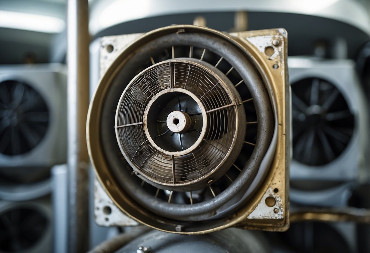 A dirty HVAC coil with visible dust, debris, and mold growth, surrounded by air vents and ductwork