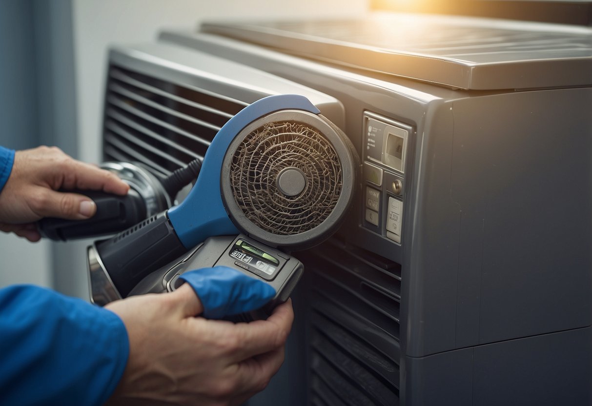 A hand holding a coil cleaning brush, scrubbing the dusty coils of an air conditioning unit. A vacuum cleaner sits nearby, ready to suck up the loosened debris