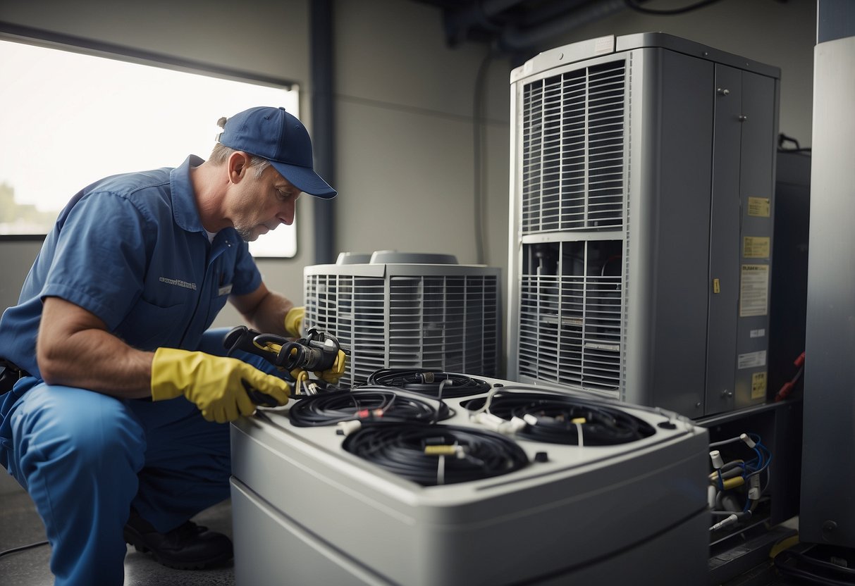 A technician disassembles the HVAC unit, removes the coils, and cleans them with a coil cleaner and brush. Then, the coils are rinsed with water and left to dry before reassembly