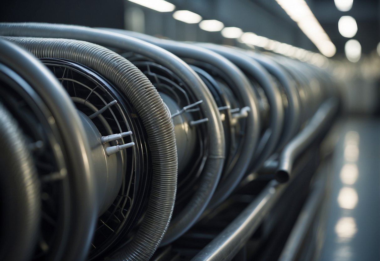 A close-up of a clean and well-maintained HVAC coil, surrounded by a system of ducts and pipes, with clear airflow and efficient heat transfer