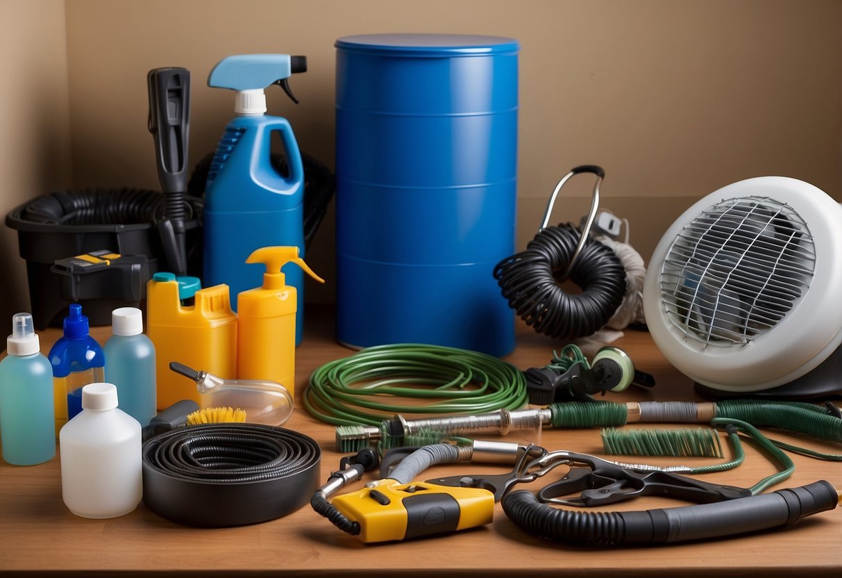 HVAC coil maintenance scene: Equipment and tools laid out for cleaning coils. Brushes, sprayers, and cleaning solutions ready for use