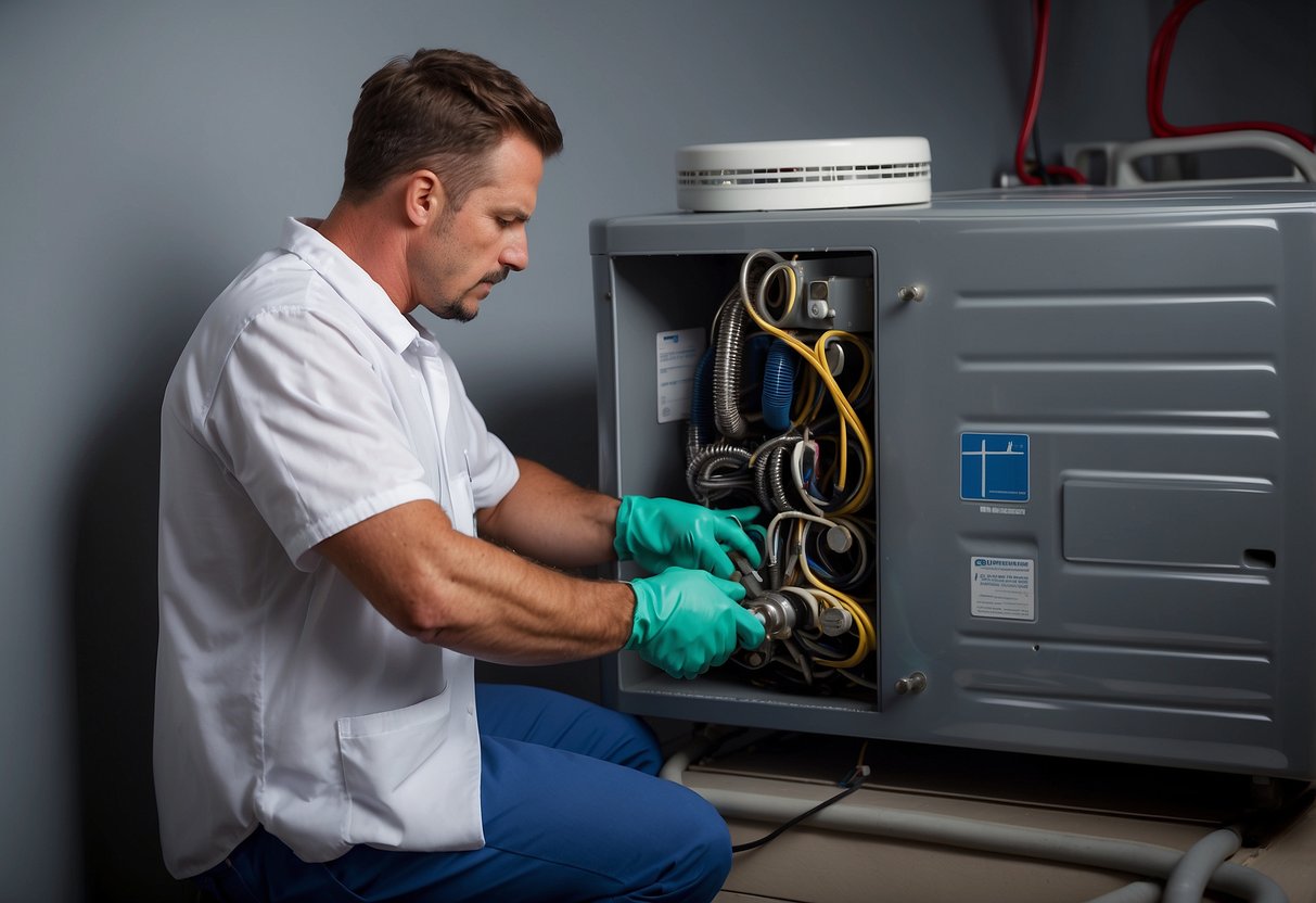 A technician cleans coils on an HVAC unit, using a brush and cleaning solution to prevent repairs