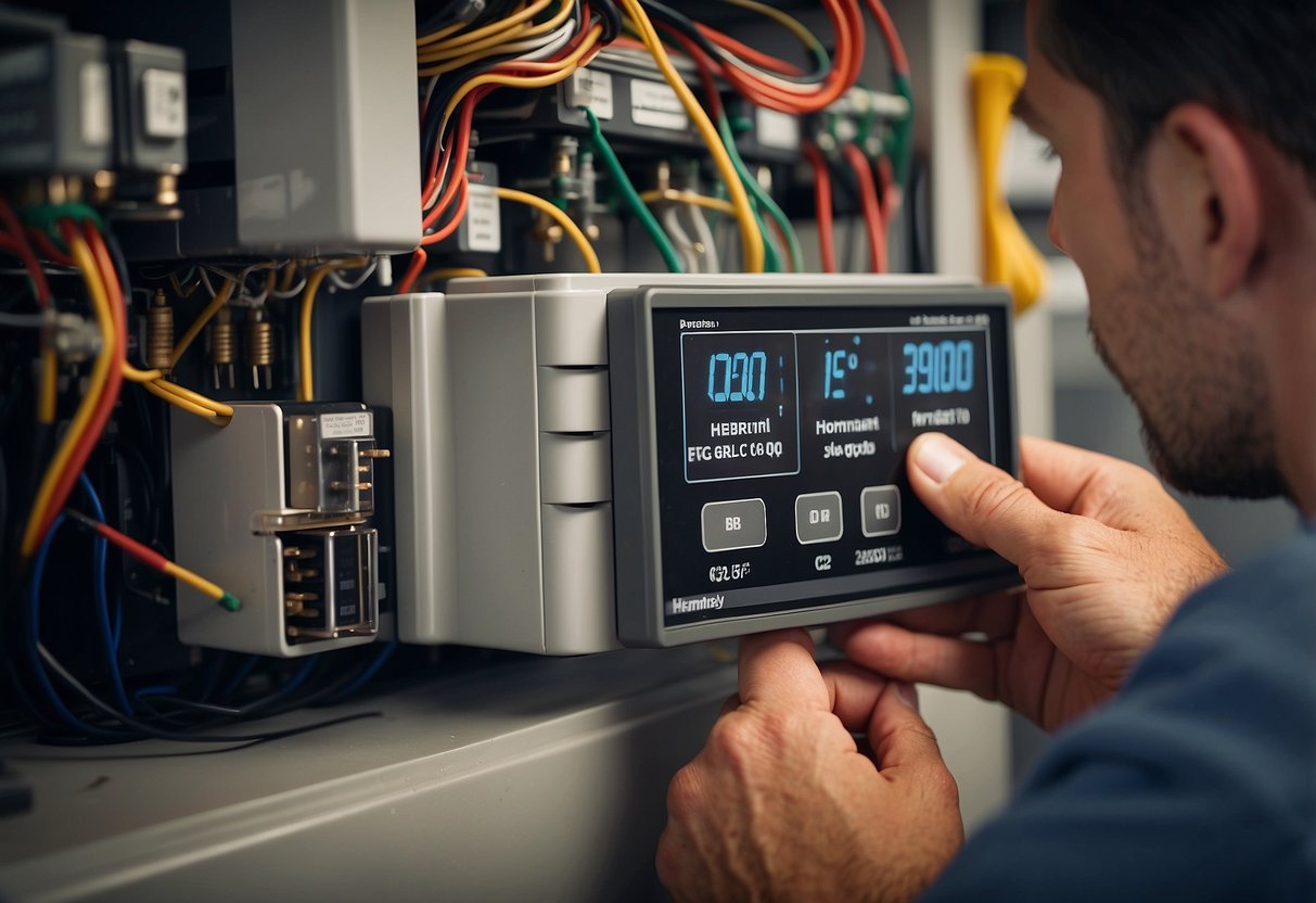 A technician adjusts a thermostat with precision tools in front of an HVAC system, highlighting the importance of calibration