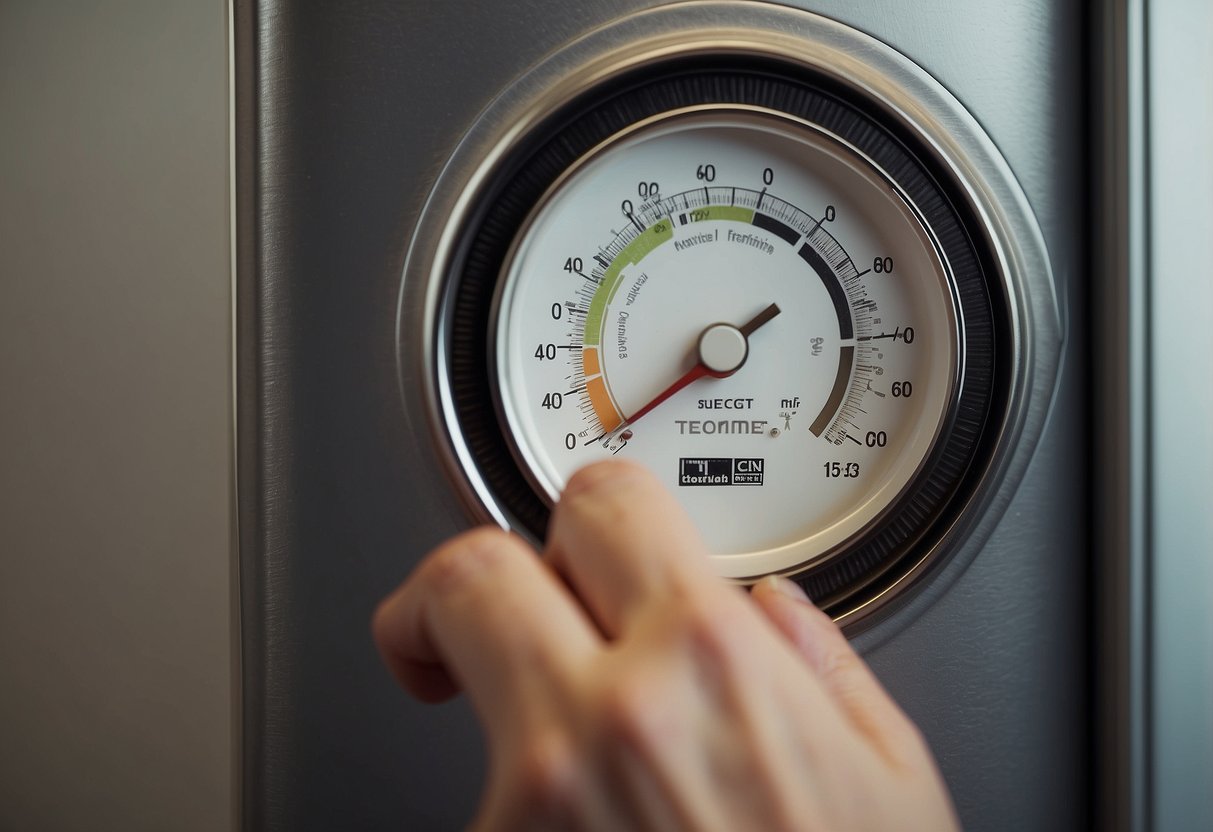 A hand adjusts a thermostat dial with a screwdriver. A digital thermometer displays the temperature. HVAC vents blow warm air