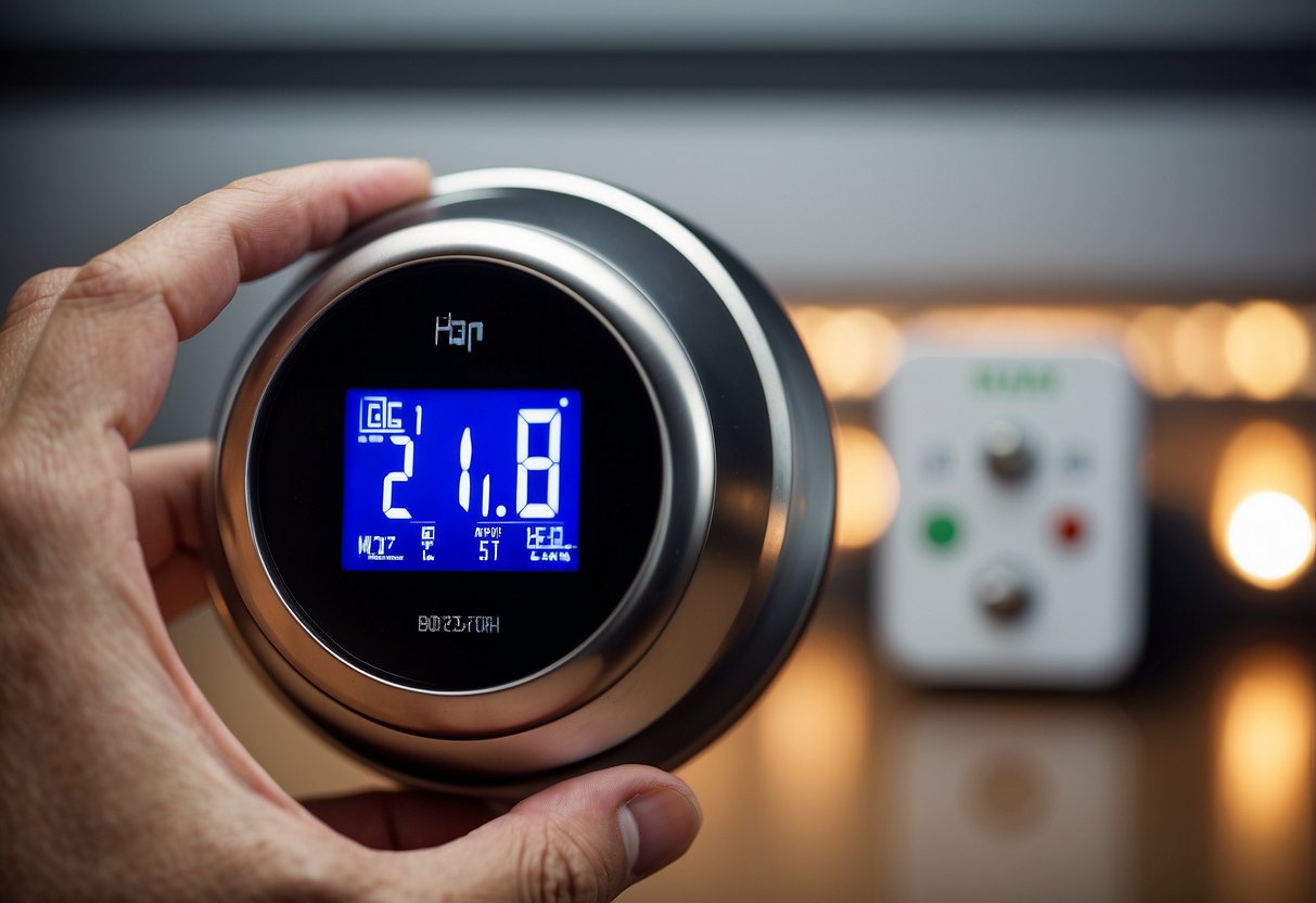 A hand adjusting a thermostat knob. A digital display shows temperature settings. HVAC vents in the background